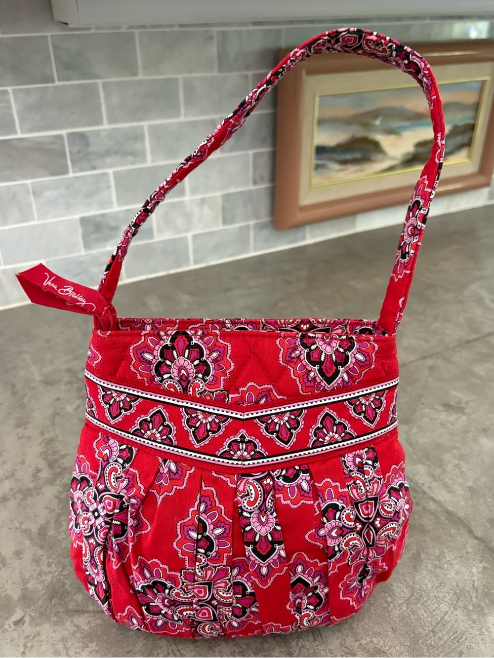 retired Vera Bradley Hannah handbag in the vibrant red and pink "Frankly Scarlet